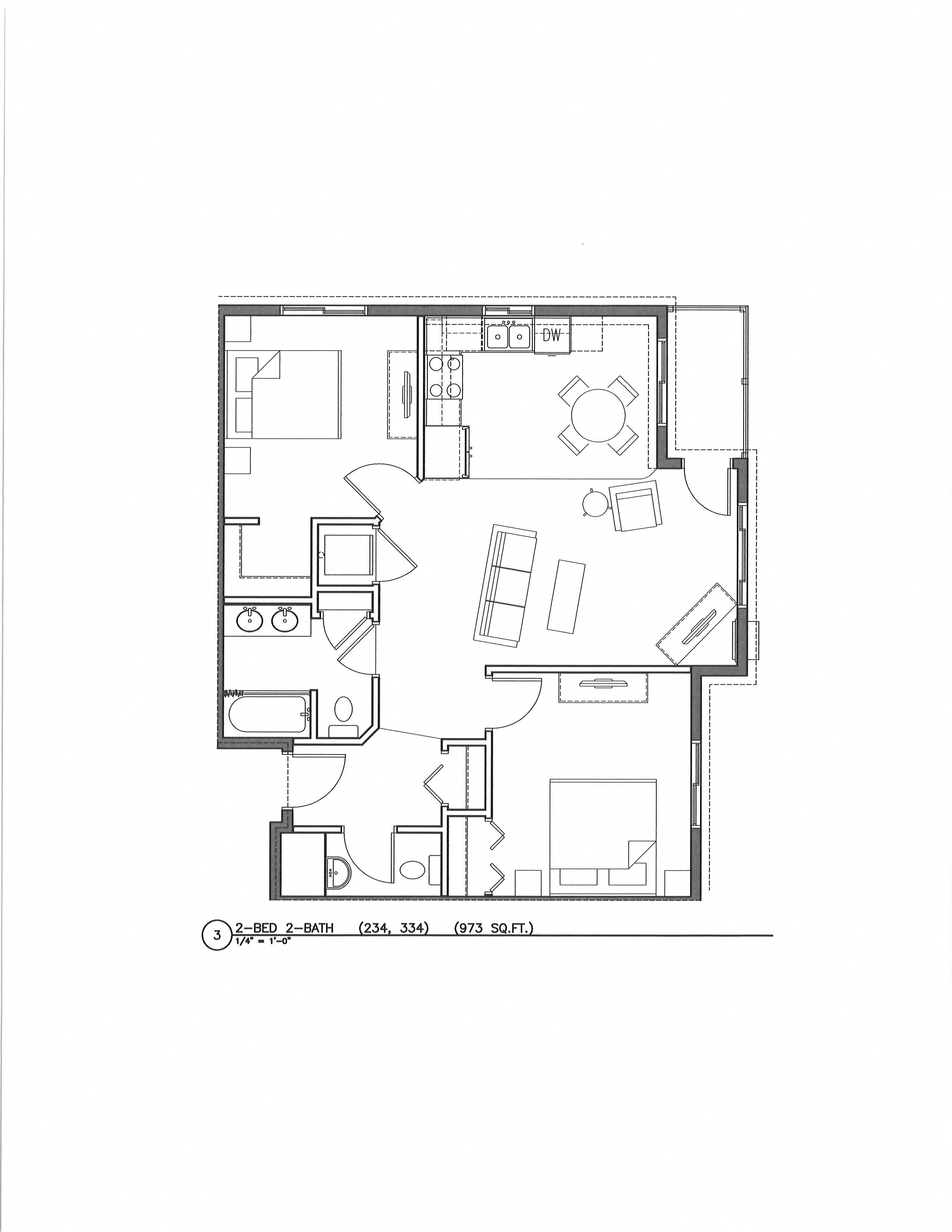 Floor plan for 2 beds, 2 baths, 973 sqft